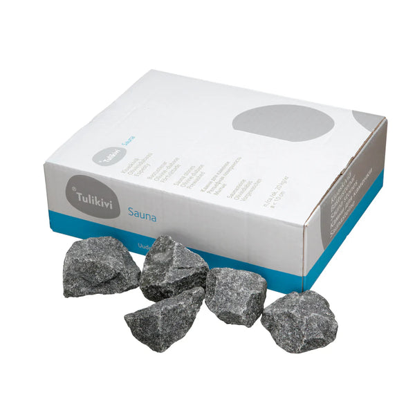 Box of Tulikivi sauna stones on a white background