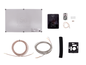 Collection of electronic components and cables on a white background