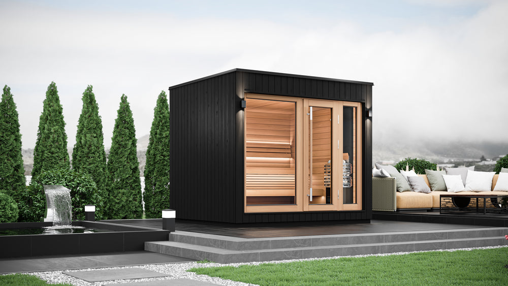 A render of Saunum AirCube One outdoor sauna on a tiled contemporary terrace next to a pool. 