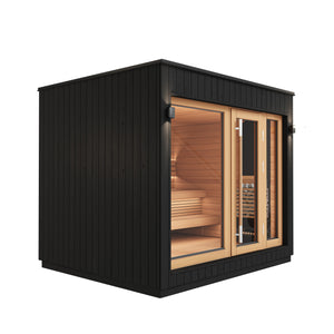 A render of Saunum AirCube One outdoor sauna without background from the left-side in an angle.