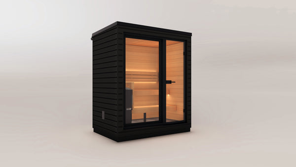 Black Saunum mini-mini outdoor sauna with glass door on a light gray background