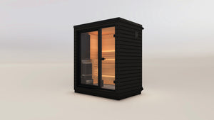 Black Saunum mini-mini outdoor sauna with glass door on a light gray background