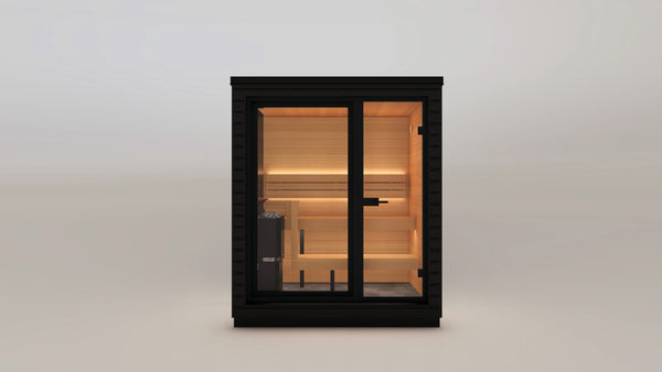 Black Saunum mini-mini outdoor sauna with warm interior light on a white background
