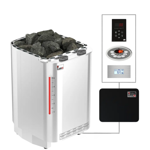 Sauna electric heater with rocks inside and control panel on a white background