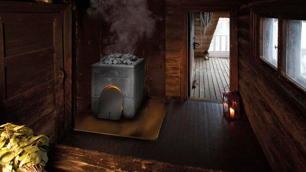 Gray brick-style Classic Smoke Sauna Oven in a wooden room