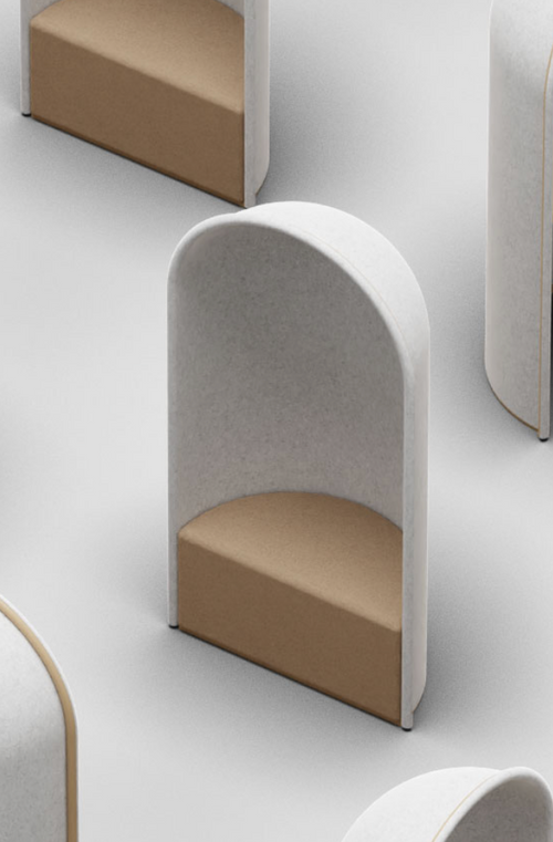Modern beige and white seating pod on a light gray background