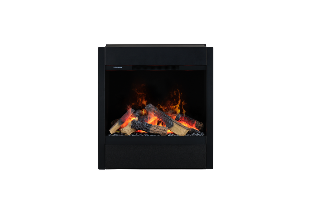 Black electric fireplace insert with flames on a white background