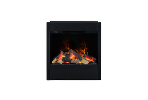 Black electric fireplace insert with flames on a white background