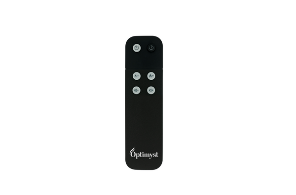 Black remote control with 'Optimyst' branding on a white background