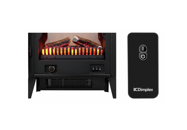 Dimplex Lucia FSC electric stove interior showing glowing log bed, ember effect, and included remote control.