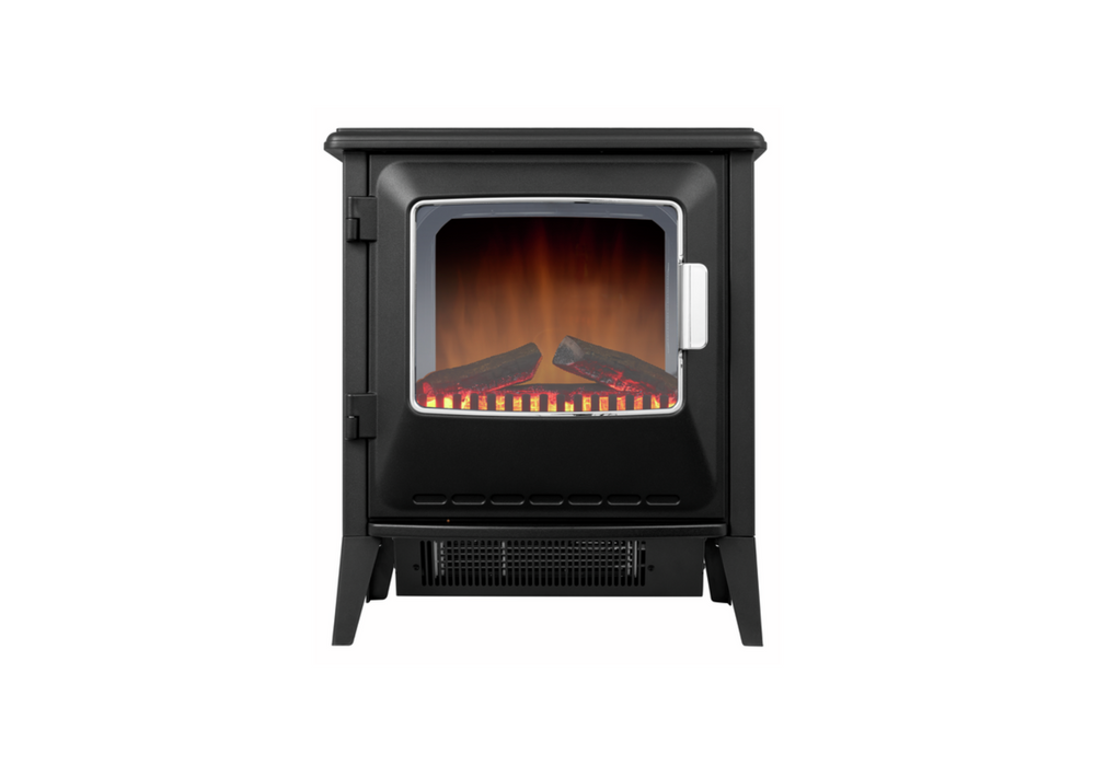 Front view of the Dimplex Lucia FSC freestanding electric stove with Optiflame flame effect and glass door.