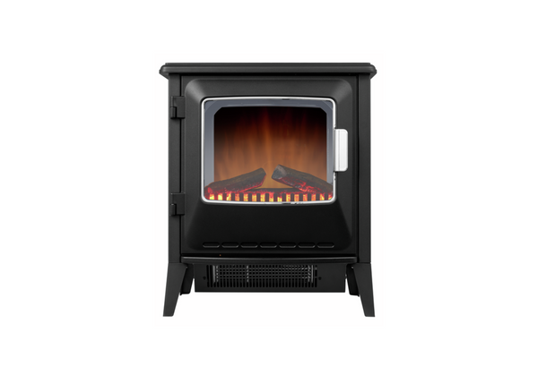 Front view of the Dimplex Lucia FSC freestanding electric stove with Optiflame flame effect and glass door.