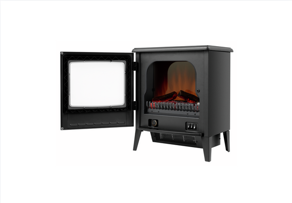 Dimplex Lucia FSC electric stove with opening front door, showing log set, ember bed, and internal controls.