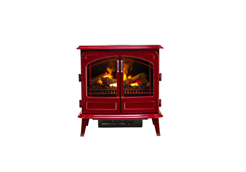 Red freestanding electric stove with double glass doors and glowing log flame effect, shown from the front.