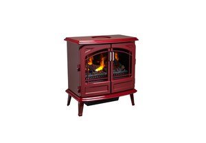 Red freestanding electric stove with double glass doors and glowing log flame effect, shown from the front.