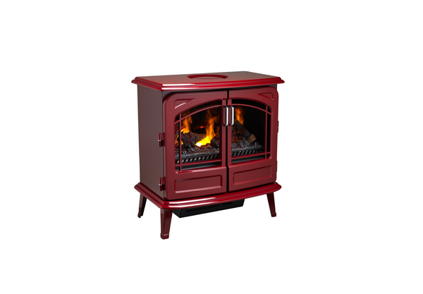 Red freestanding electric stove with double glass doors and glowing log flame effect, shown from the front.