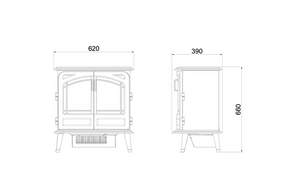 Technical drawing of the freestanding electric stove showing front and side views with dimensions 620 mm width, 390 mm depth, and 660 mm height.