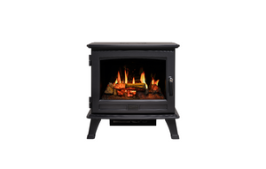 Black freestanding electric stove with flames inside on a white background