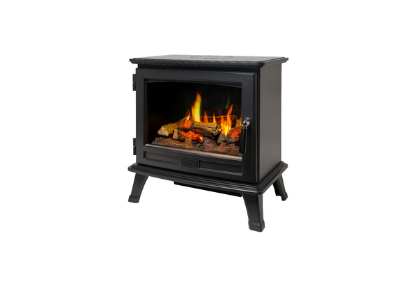 Black freestanding stove with glowing logs inside on a white background