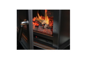 Electric fireplace insert with glowing logs and flames on a white background