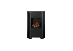 Black freestanding fireplace with visible flames on a white background