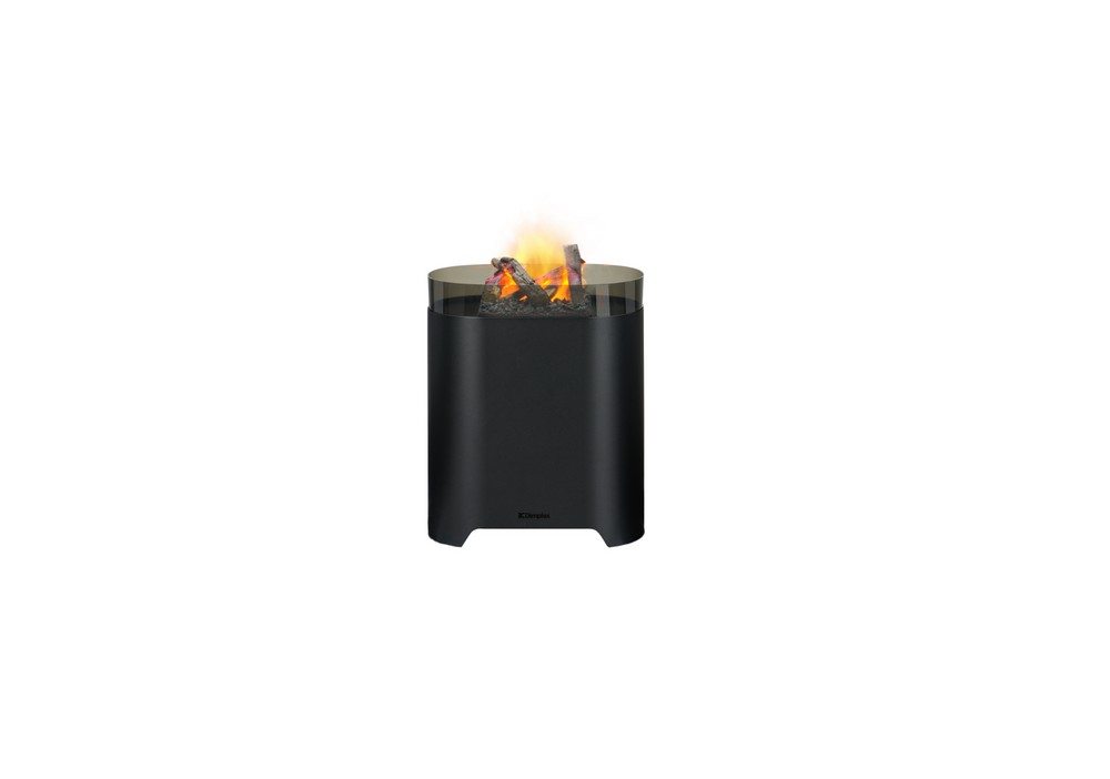 Black fire pit with flames on a white background