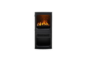 Black freestanding fireplace with visible flames on a white background