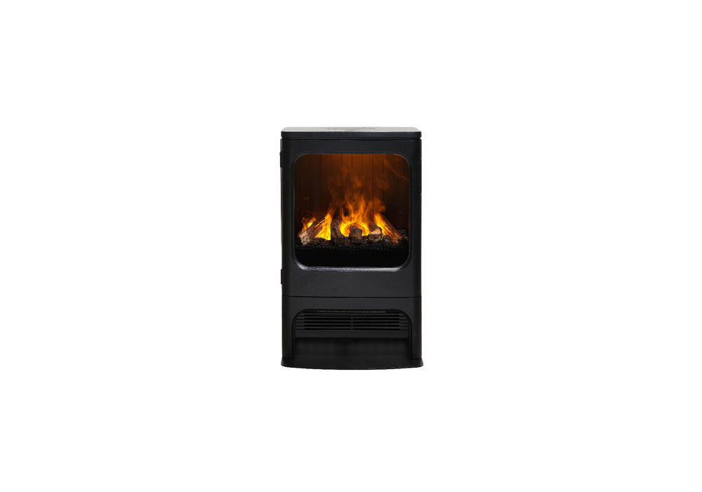 Black freestanding fireplace with flames on a white background