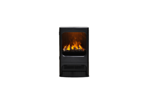 Black freestanding fireplace with flames on a white background
