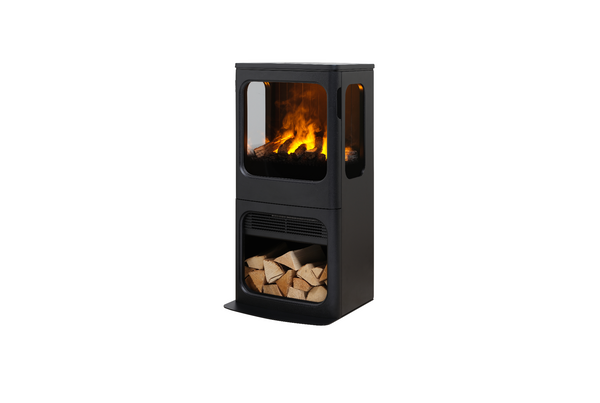 Black freestanding fireplace with fire burning inside on a white background