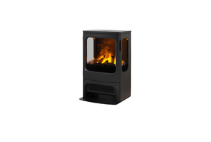 Black freestanding fireplace with visible flames on a white background