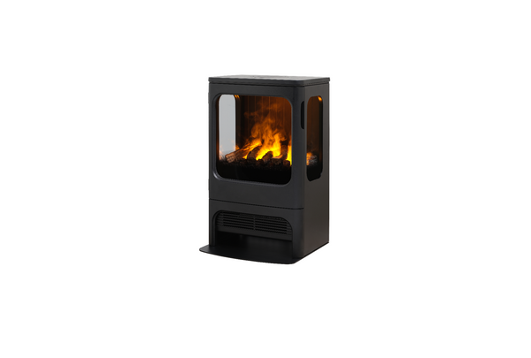 Black freestanding fireplace with visible flames on a white background