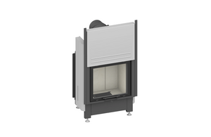 Modern fireplace with white front panel on a white background