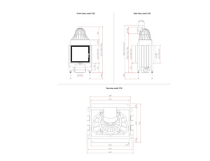 Technical drawing of a fireplace with dimensions