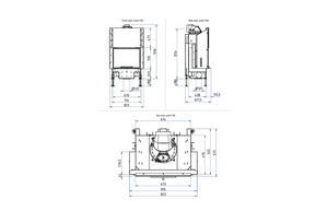 Technical drawing of a fireplace with dimensions on a white background