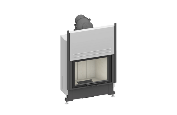 Modern freestanding fireplace with white front panel on a white background