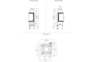 Technical drawings of a fireplace object with dimensions labeled