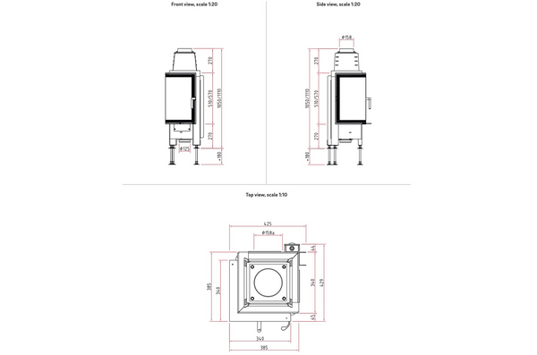 Technical drawings of a fireplace object with dimensions labeled