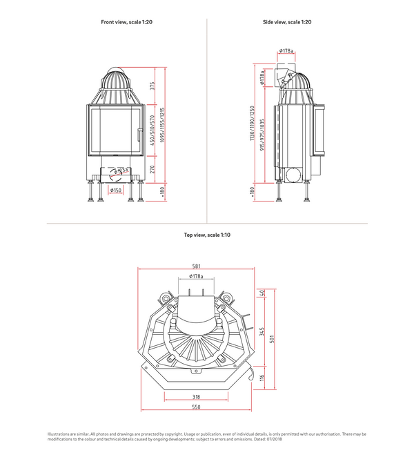 Dimensional drawing of fireplace with white background. 