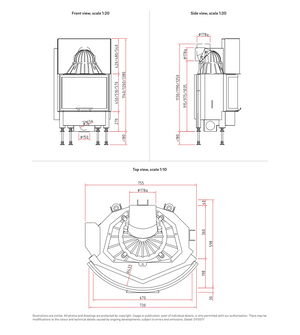Technical drawings of a fireplace from front, side, and top views with dimensions.