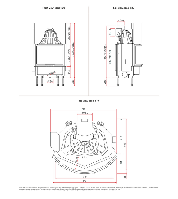 Technical drawings of a fireplace from front, side, and top views with dimensions.