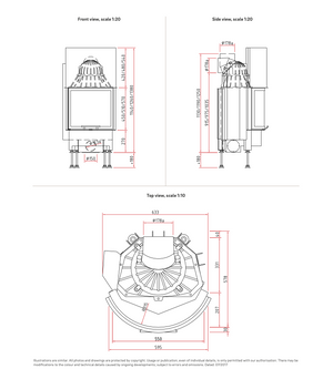 Dimensional drawing of indoor fireplace with white background