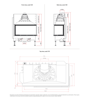 Technical dimension drawing of a corner fireplace insert, showing front, side, and top views with detailed measurements, flue connection positions, adjustable feet, and overall installation dimensions.