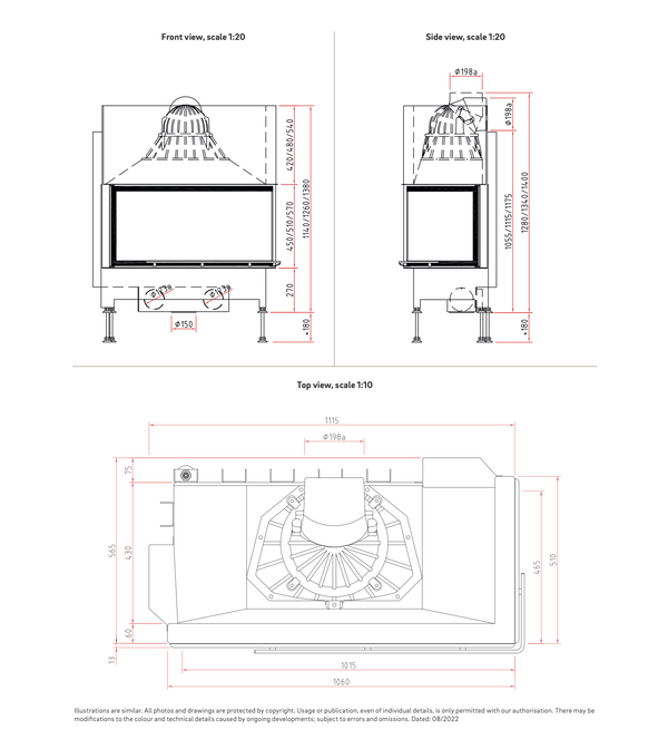 Technical dimension drawing of a corner fireplace insert, showing front, side, and top views with detailed measurements, flue connection positions, adjustable feet, and overall installation dimensions.