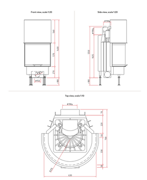 Technical drawings of a fireplace with dimensions labeled