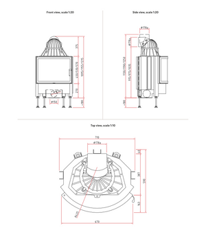 Technical drawings of a fireplace from front, side, and top views with dimensions.