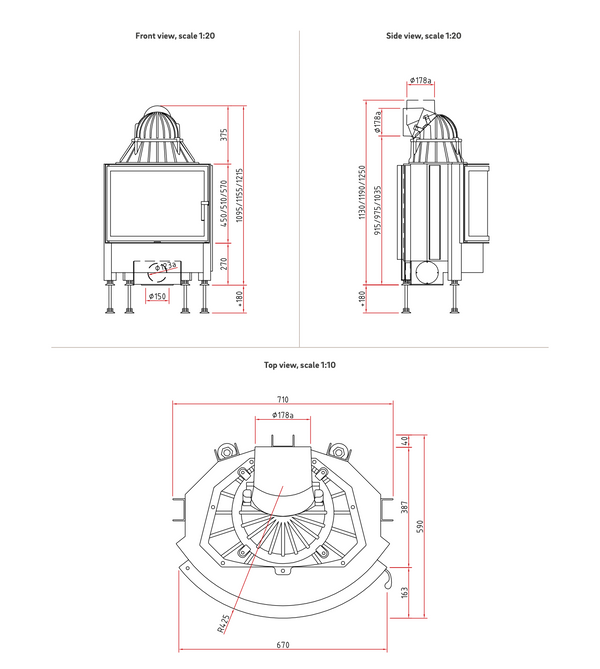 Technical drawings of a fireplace from front, side, and top views with dimensions.