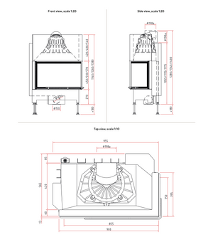 Technical drawings of a fireplace fixture with dimensions