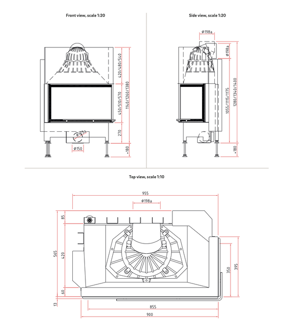 Technical drawings of a fireplace fixture with dimensions