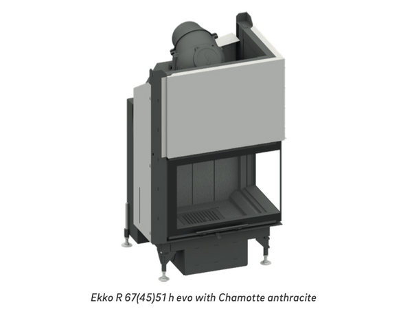 Two-sided corner fireplace insert with modern glass front, and black interior,  shown installed in a minimalist living room setting.